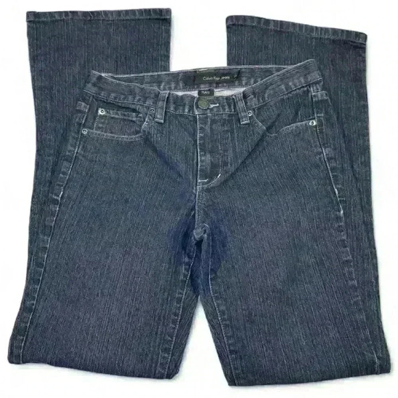 Calvin Klein Women's Flare Jeans Size 6 Dark Blue Embroidered 5-Pocket - Picture 2 of 4